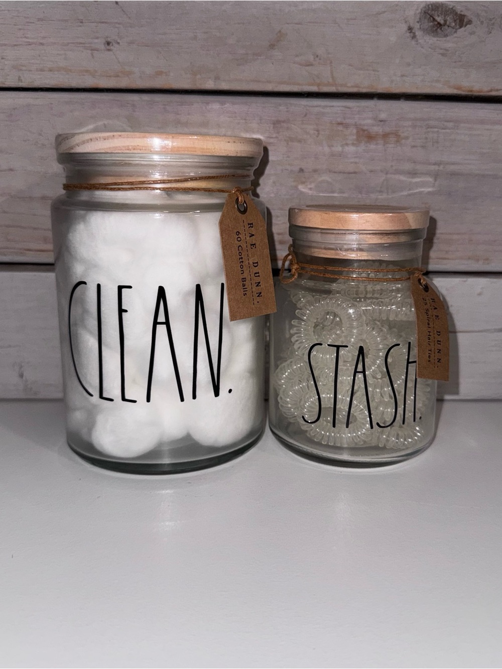 Rae Dunn Clear Glass Bathroom Jar Set - CLEAN & STASH - NWT